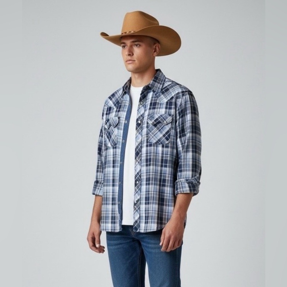Wrangler Retro Western Shirt‎ Mens Large Blue Plaid Regular Fit Cowboy Western